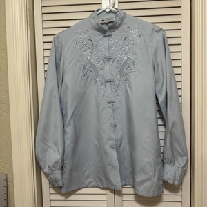 Hand Embroidered Mandarin Shirt Womens 36 Chinese Button Up Blouse Top - Picture 1 of 8