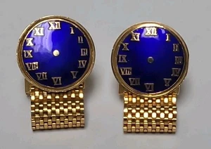 Vintage Manschettenknöpfe goldfarben Mesh umlaufen römische Ziffern blau Uhr - Bild 1 von 3