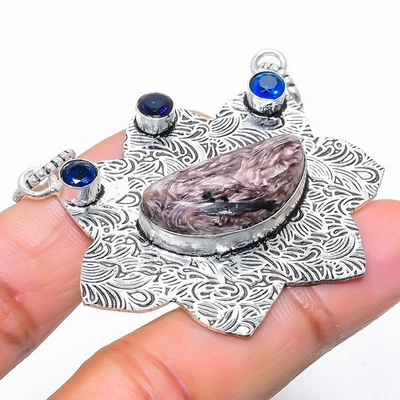 Ciondolo gioiello in argento sterling 925 con pietra preziosa topazio blu rus... - Immagine 1 di 4