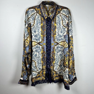 Camisa llamativa vintage Monzini de seda metálica para hombre 2XL azul dorado blanco hecha en Italia Foto 1 de 4