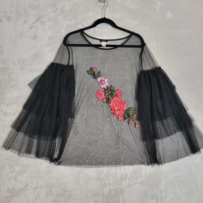 VTG Black Whimsigoth Sheer Mesh Floral Applique Shirt 3X Tiered Sleeves Volup  - Image 1 of 4