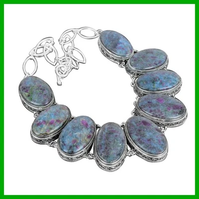 Collar de plata esterlina con bisel de cadena vintage de piedras preciosas de cianita azul con rubí ovalado Foto 1 de 4