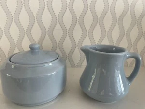 VTG Buffalo China Sugar Bowl/ Lid & Creame Light Blue Lune Restaurant Ware 1950 - Picture 1 of 3