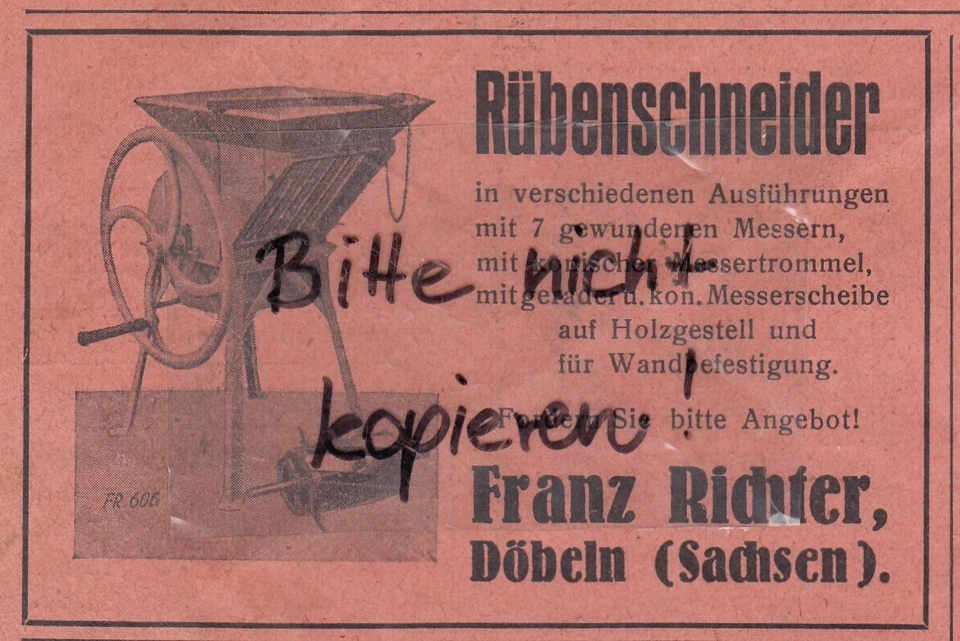 DÖBELN, Werbung 1934, Franz Richter Rübenschneider - Bild 1 von 1