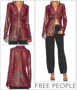 Free People Top Blouse Size UK S 8 - 10 Sequin Shirtee Semi Sheer Sexy Rhubarb - Picture 1 of 9