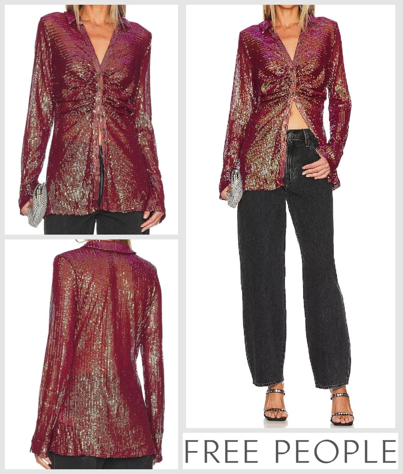 Free People Top Blouse Size UK XS 4 - 6 Sequin Shirtee Semi Sheer Sexy Rhubarb - Image 1 of 4