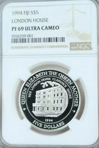 1994 FIJI SILVER 5 DOLLARS LONDON HOUSE NGC PF 69 ULTRA CAMEO SCARCE TOP POP - Picture 1 of 4