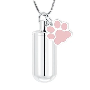 Paw Cylinder Hollow Pendant Pet Memorial Necklace for Dog Cat Cremation Ashes - Picture 1 of 32