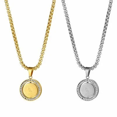 Collar Colgante Etiqueta Redonda Giratoria Oración Bíblica Diamantes de Estrás de Acero Inoxidable para Hombres Foto 1 de 2