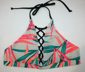 PINK Victorias Secret Tropical Lace Up High Strappy Bikini Top Green Pink  - Picture 1 of 4