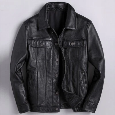 Men's Black Trucker Lambskin Leather Jacket Coat  - Image 1 of 4