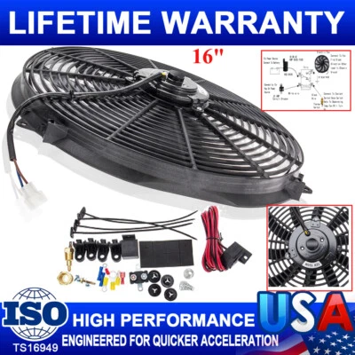 3500CFM 16" Negro Radiador Eléctrico Ventilador 12V Termostato Relé Interruptor Kit Foto 1 de 4