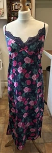 Rose Print Navy Satin Slip Dress. Size 10 - Picture 1 of 11
