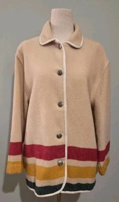 Woolrich Large Ivory Wool Red Yellow Green Striped Coat Vintage 80s 90s — 第 1/4 张图片