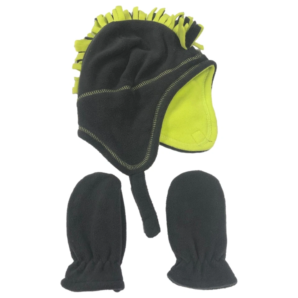 Conjunto de sombrero y manoplas trampero gris y verde felpa para bebés niños 12-18 meses Foto 1 de 3