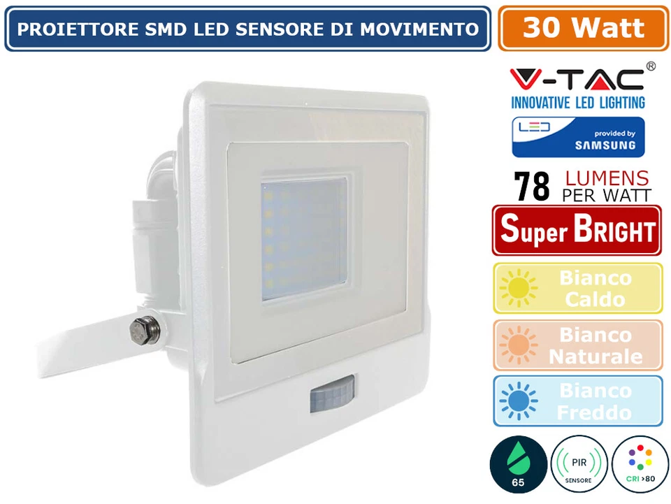 V-TAC PRO Faro LED Chip Samsung 30W con Sensore PIR Colore Bianco 6500K IP65