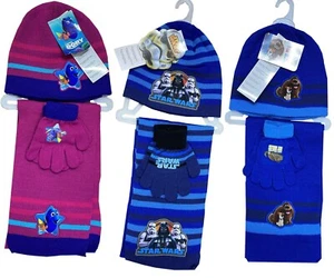 Kids Striped Design Dory, Pats and Star War Scarf Set Childrens Warm Hat Gloves - Picture 1 of 4