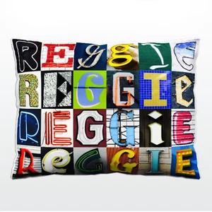 Personalized Pillow featuring the name REGGIE in photos of sign letters - Picture 1 of 1