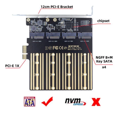 4 M.2 SATA NGFF SSD to PCI-E X1 Expansion Card Adapter with 12cm PCI-E Bracket - Image 1 of 4