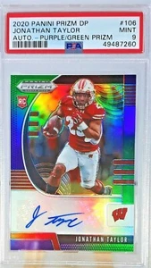 JONATHAN TAYLOR ROOKIE AUTO 2020 PANINI PRIZM DP VIOLA VERDE PRIZM PSA 9 #/199 - Foto 1 di 3