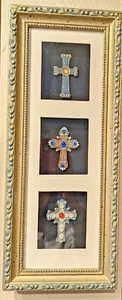 Vtg Resin Medieval 3 Crosses Jeweled Framed Shadow Box Art Effect Design 17" - Picture 1 of 13