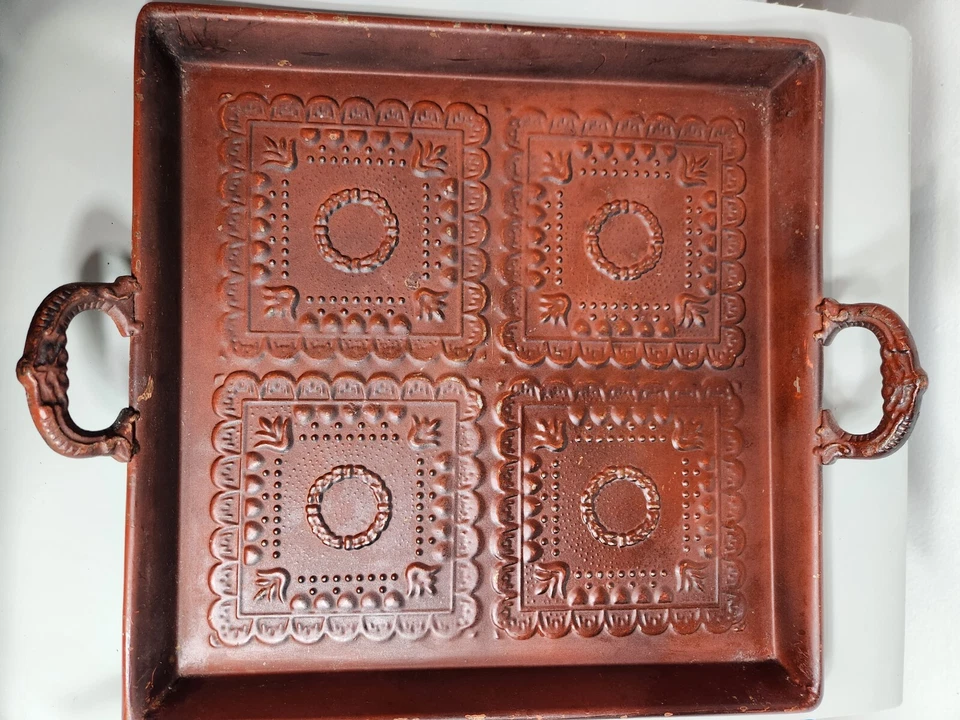 Metal square serving tray 12.5" w/handles rust colour relief cast iron heavy GUC - Image 1 of 4