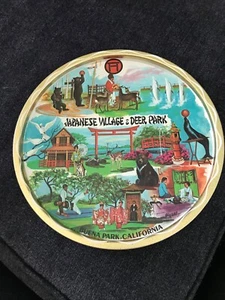 Vintage Japanese village & deer park Metal Tin Tray Collectible Souvenir round - Picture 1 of 2