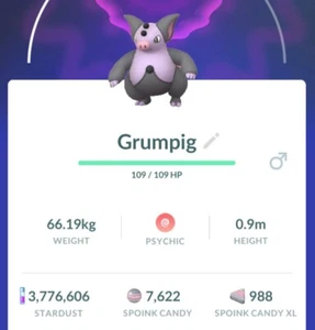 Pokemon TRADE GO - Grumpig (Lv22 w/ 3 Moves) PVP Great League - Bild 1 von 2