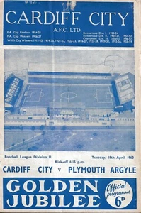 CARDIFF CITY V PLYMOUTH ARGYLE ~ 19 APRIL 1960 ~ 2ND DIVISION PROGRAMME - Picture 1 of 1