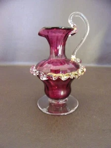 Delicate Small Cranberry Glass Blown Pitcher Applied Clear Handle & Ruffle - Picture 1 of 8