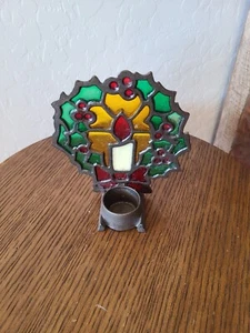 Vintage Taiwan Made Stained Glass Cast Iron Christmas Tea light  Candle Holder. - Picture 1 of 5