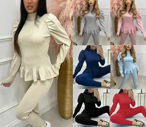 Ladies Womens Long Sleeve Fine Ribbed Ruffle Frill Top Co ord Lounge Set UK8-14 - Picture 1 of 8