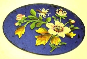 Antique Vintage Large Oval Cobalt Blue Enamel Painted Floral Piece Stone #AA31 - Picture 1 of 2