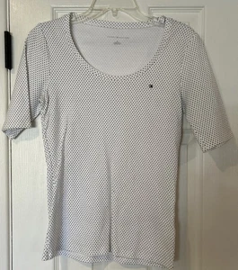 Tommy Hilfiger Women Shirt M Black Polka Dot Round Neck Short Sleeve Logo Slim - Picture 1 of 6