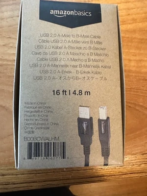 AmazonBasics B00BCWALHM 16ft USB 2.0 Printer Type Cable A-Male to B-Male - NEW - Image 1 of 2