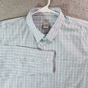 LL Bean Dress Shirt Men 17.5 35 Slim Fit Wrinkle Free Button Up White Plaid - Picture 1 of 9