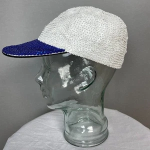 Sequin Baseball Hat Cap Blue White One Size Cotton Lining Funky Bold Playful - Picture 1 of 12