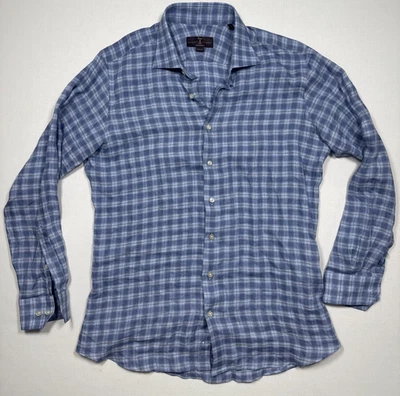 Robert Talbott Men's 17 Tailored 100% Linen Shirt Blue Plaid XL Poland Estate - Image 1 of 4