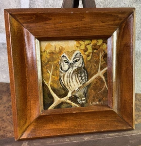 Vintage Eule Ölgemälde Kunst signiert Laurine Holzrahmen MCM Dekor - Bild 1 von 7