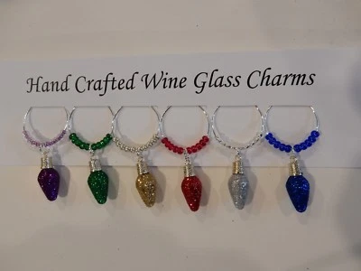 "CHRISTMAS GLITTER LIGHT BULBS" SET OF 6  HAND CRAFTED DRINK MARKERS - Image 1 of 4