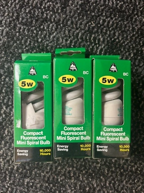 3 x BELL 5W BC MINI SPIRAL COMPACT FLUORESCENT 05000 WARM WHITE - FREE POST - Image 1 of 1