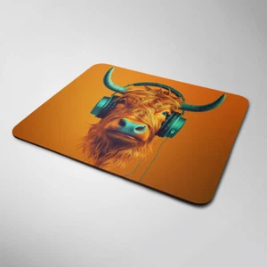 DJ Highland Cattle Mouse Mat Funny Birthday Fathers Day Office Gift Headphones - Picture 1 of 2