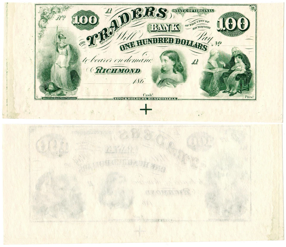 US Virginia Richmond $100 VA195G10 (1860s) Traders Bank **Uncut** UNC - Image 1 of 1