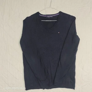 TOMMY HILFIGER Mens Slim Fit V-Neck Jumper Sweater Medium Navy Blue - Picture 1 of 15