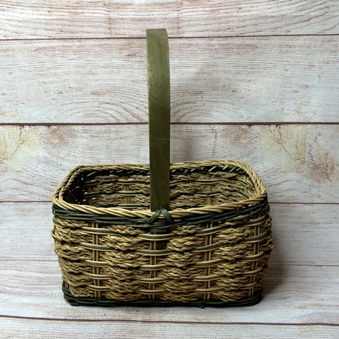Wicker Rattan Jute Woven Basket Beige Green Trim Wood Top Handle Rectangle Cover