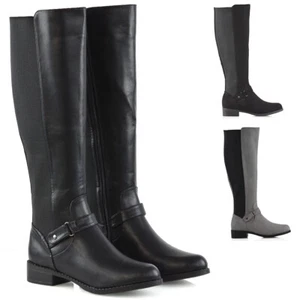 Womens Knee High Flat Low Heel Ladies Zip Buckle Stretch Leg Calf Boots Size 3-8 - Picture 1 of 27