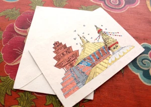 Nepalese Temples and Stupa Painted Handmade Lokta Paper Greeting Card - Picture 1 of 2