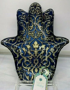 Hamsa Evil Eye Blessing Dish Bowl Platter Plate Luster 9,5 " Cobalt Blue Gold - Picture 1 of 10