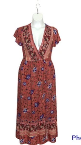 Vestido Callejón Oculto Para Mujer Mediano Rojo Floral Maxi Envoltura Boho Festival Informal - Imagen 1 de 7