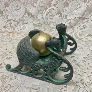 Vintage Figural Swan Sledge, Green Metal Candle Holder 7in x 5in - Picture 1 of 8